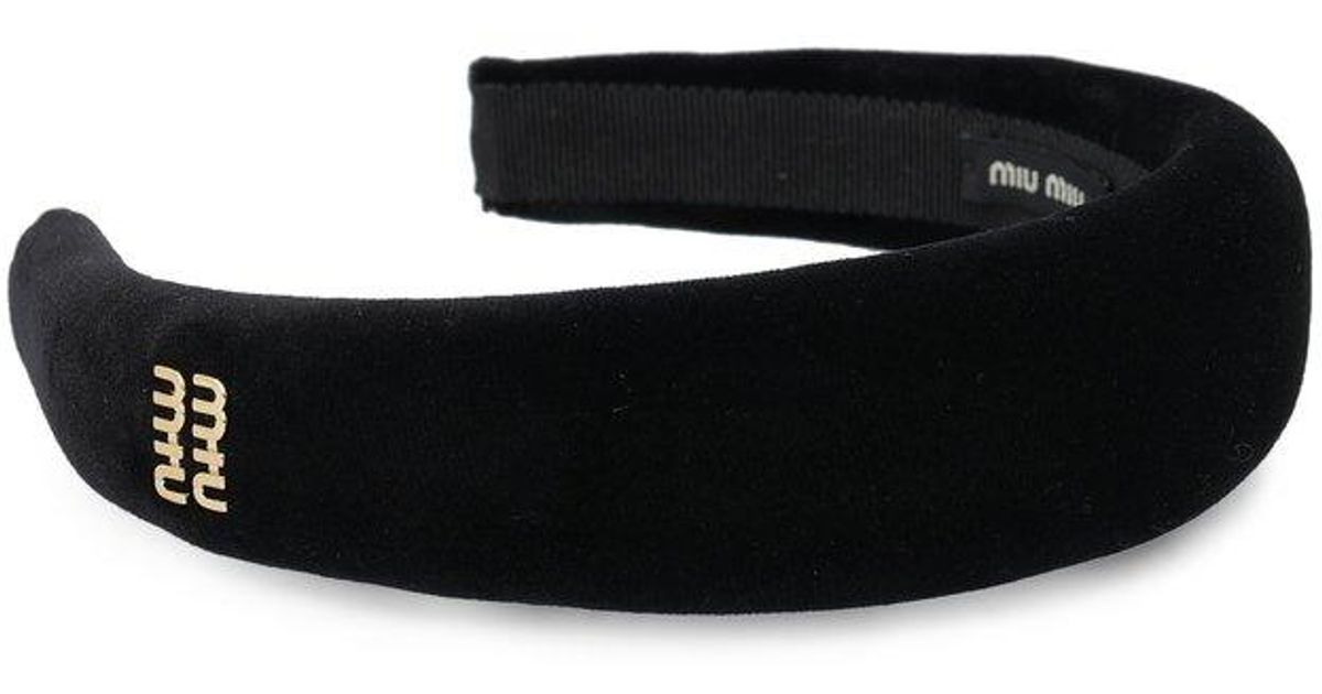 Miu Miu Logo-Embellished Velvet Headband in Black | Lyst