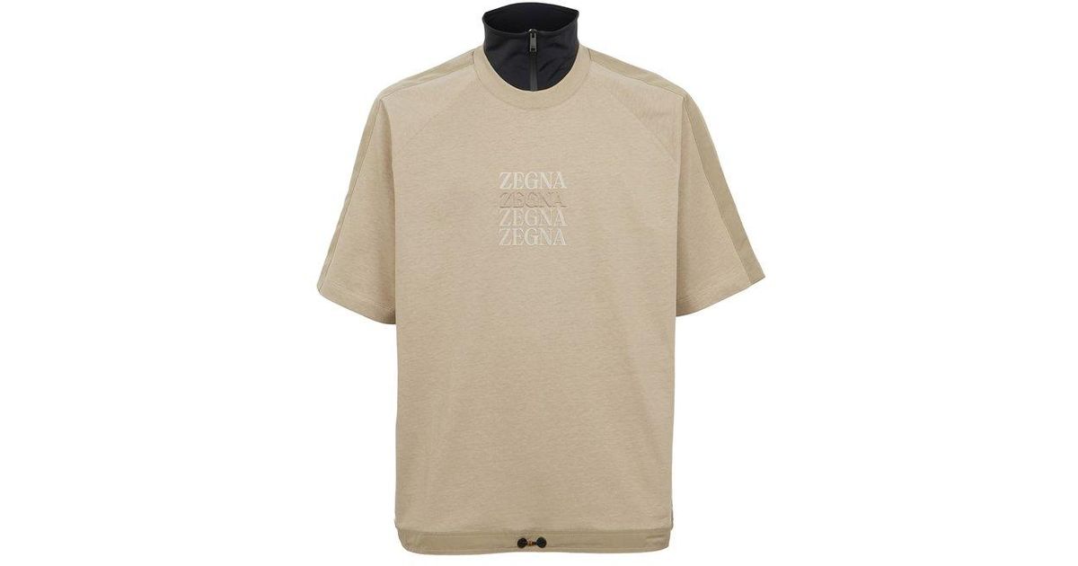 Zegna Mock Neck Logo Print T-shirt in Natural for Men | Lyst