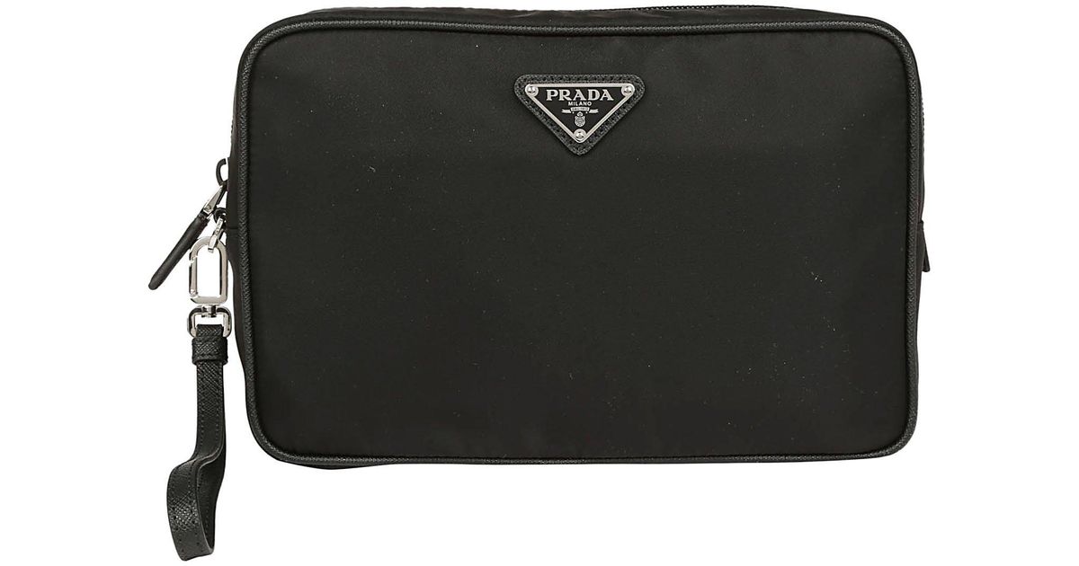 Prada Leather Beauty Logo Plaque Toiletry Bag in Black for Men - Lyst