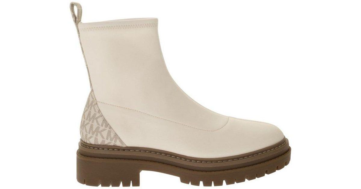 MICHAEL Michael Kors Leather Logo Printed Chunky Ankle Boots in Beige ...