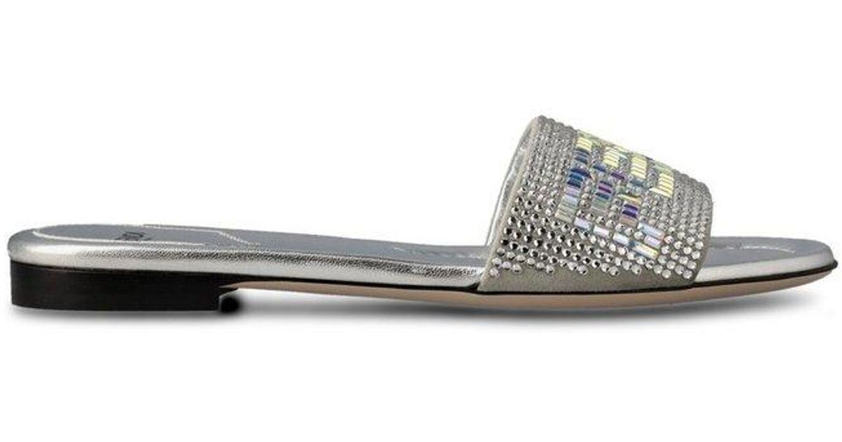 Fendi Logo Embellished Slides In Metallic Lyst