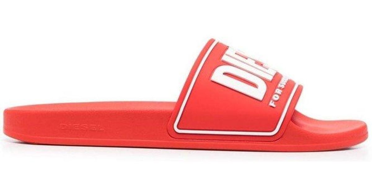 DIESEL Rubber Logo Embossed Open-toe Slides in Red for Men | Lyst Australia