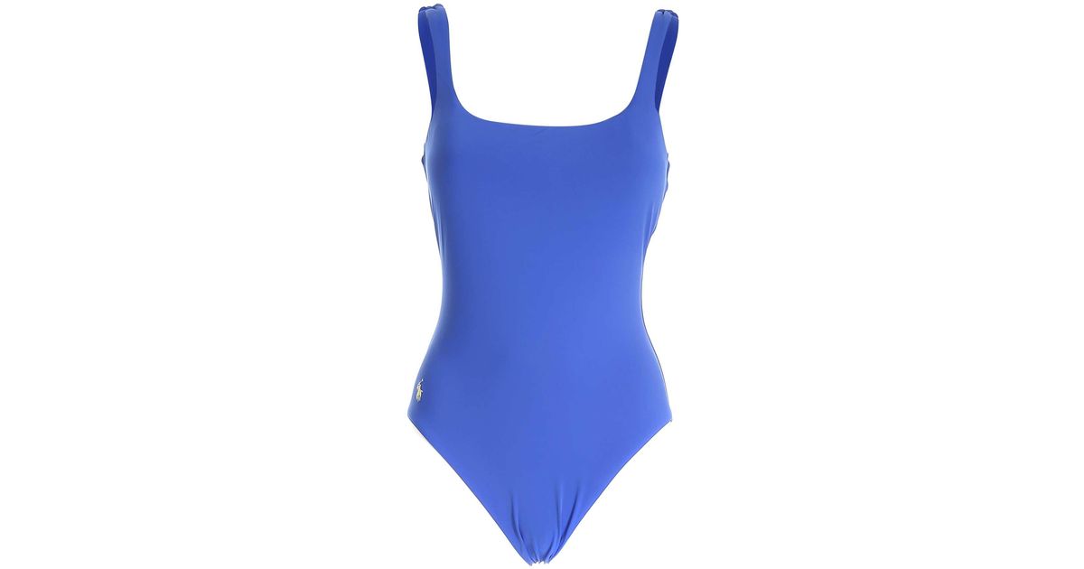 Polo Ralph Lauren Logo One-piece Swimsuit in Blue | Lyst