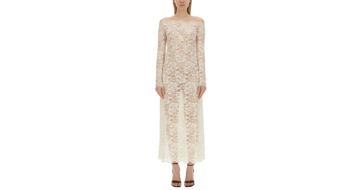 Rabanne Bardot Collar Long Lace Dress in Natural | Lyst