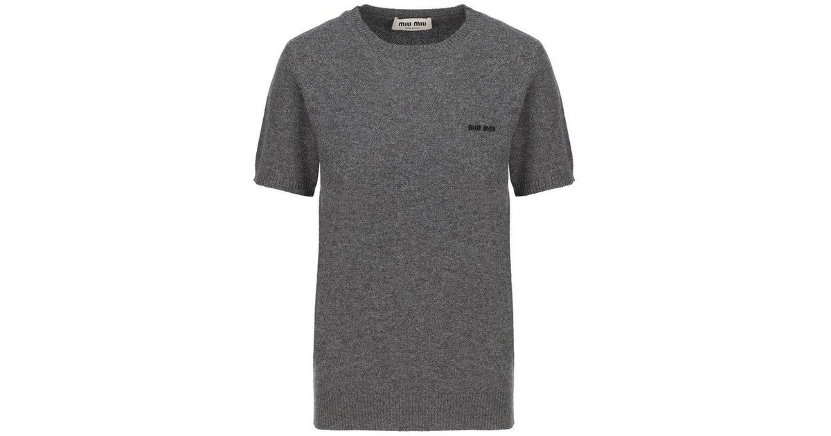 Miu Miu Logo Embroidered Crewneck Knitted T-shirt in Gray | Lyst