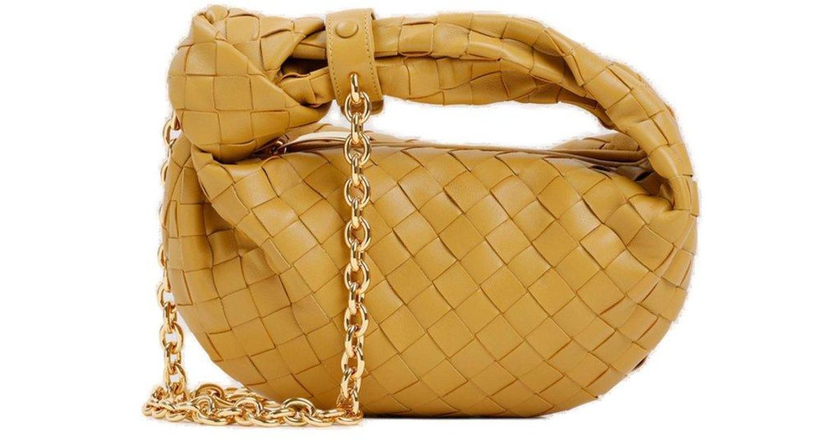 Bottega Leather Mini Jodie Chain Detailed Tote Bag in Yellow