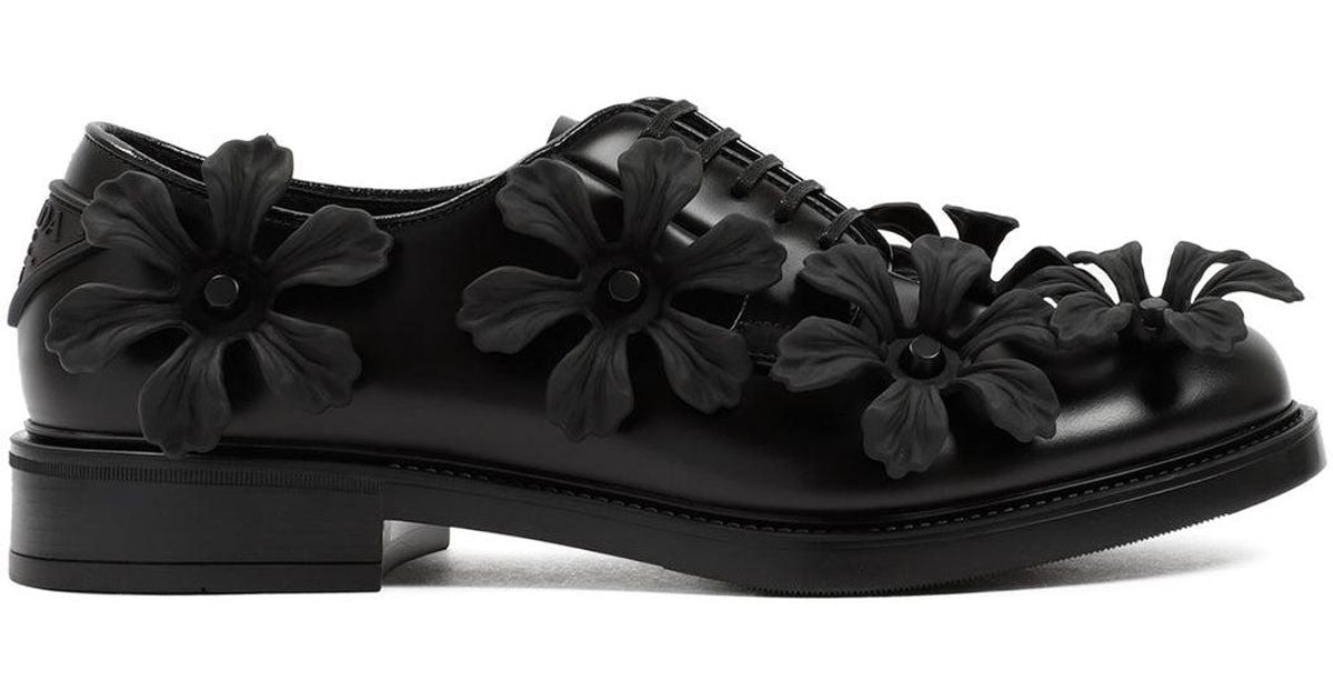 Prada Leather Floral Appliqué Derby Shoes in Black for Men | Lyst