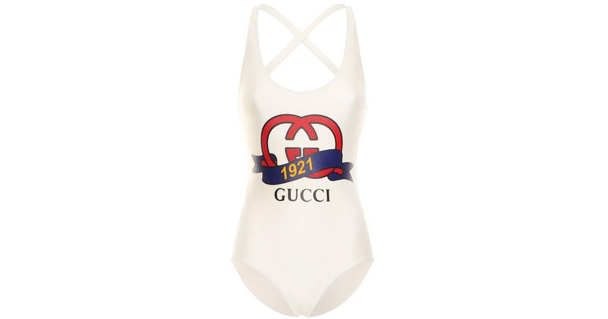 Gucci 1921 Logo Ribbon Printed Swimsuit in White | Lyst