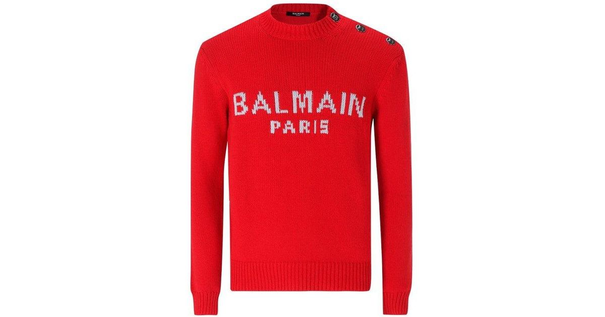 Balmain Intarsia Knit Crewneck Jumper in Red for Men | Lyst