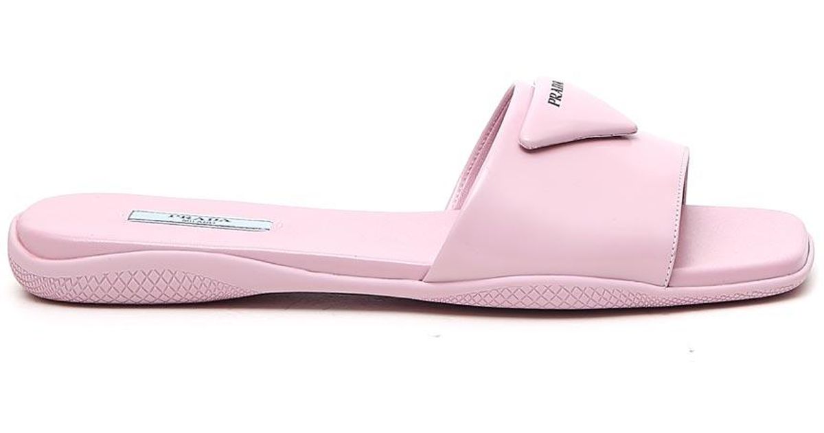 Prada Triangle Logo Slide Sandals in Pink | Lyst