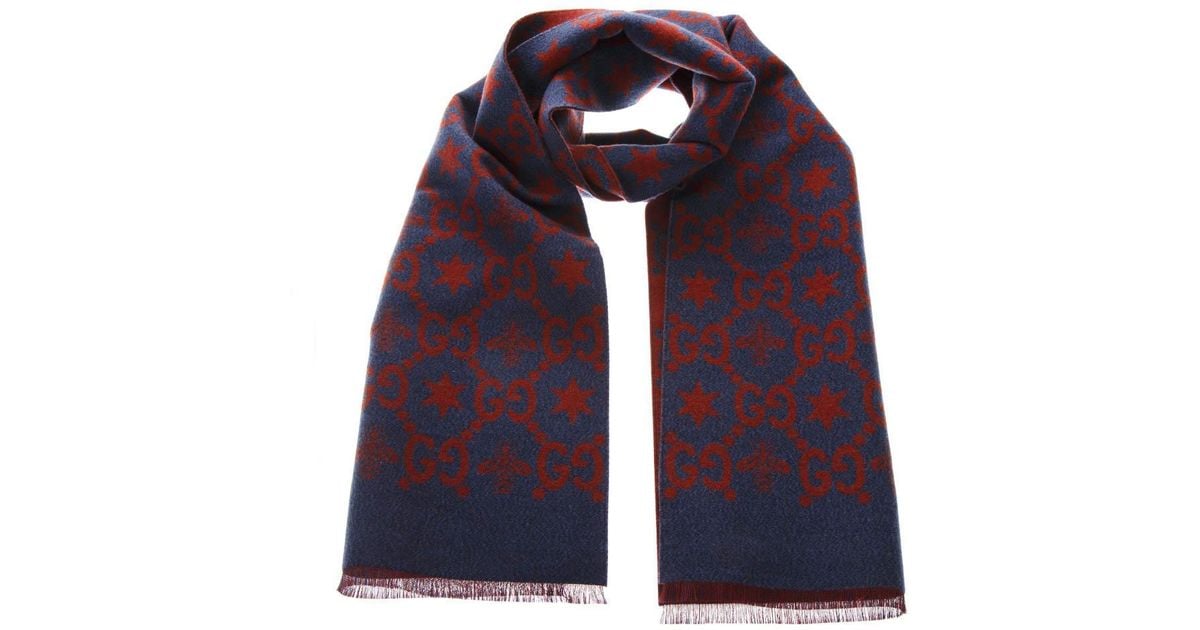 Gucci Wool GG Bee Jacquard Scarf in Blue for Men - Lyst