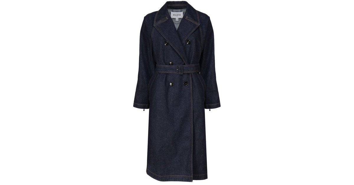 Alaïa Double-Breasted Belted Denim Trench Coat in Blue | Lyst UK