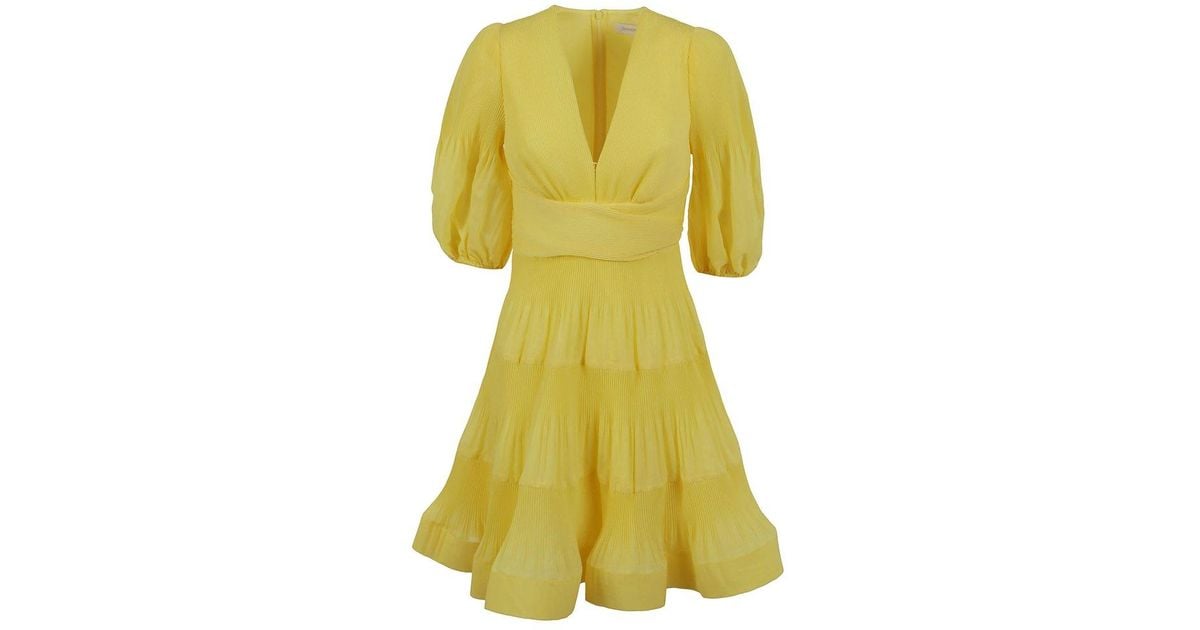 Zimmermann Pleated Vneck Dress in Yellow Lyst