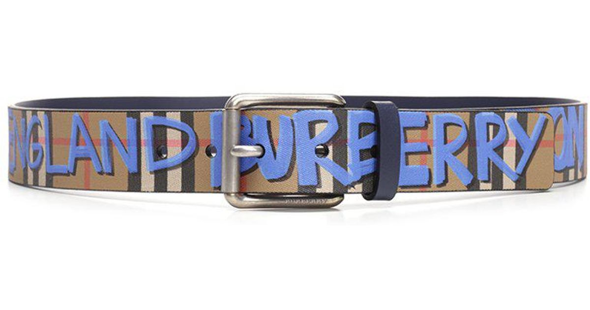 Burberry Leather Graffiti Print Checked Belt in Blue for Men - Lyst