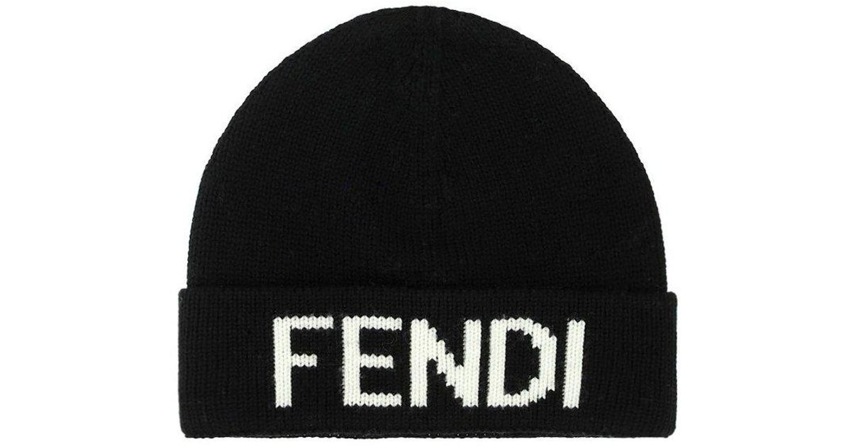 Fendi Wool Logo Embroidered Beanie in Black for Men | Lyst