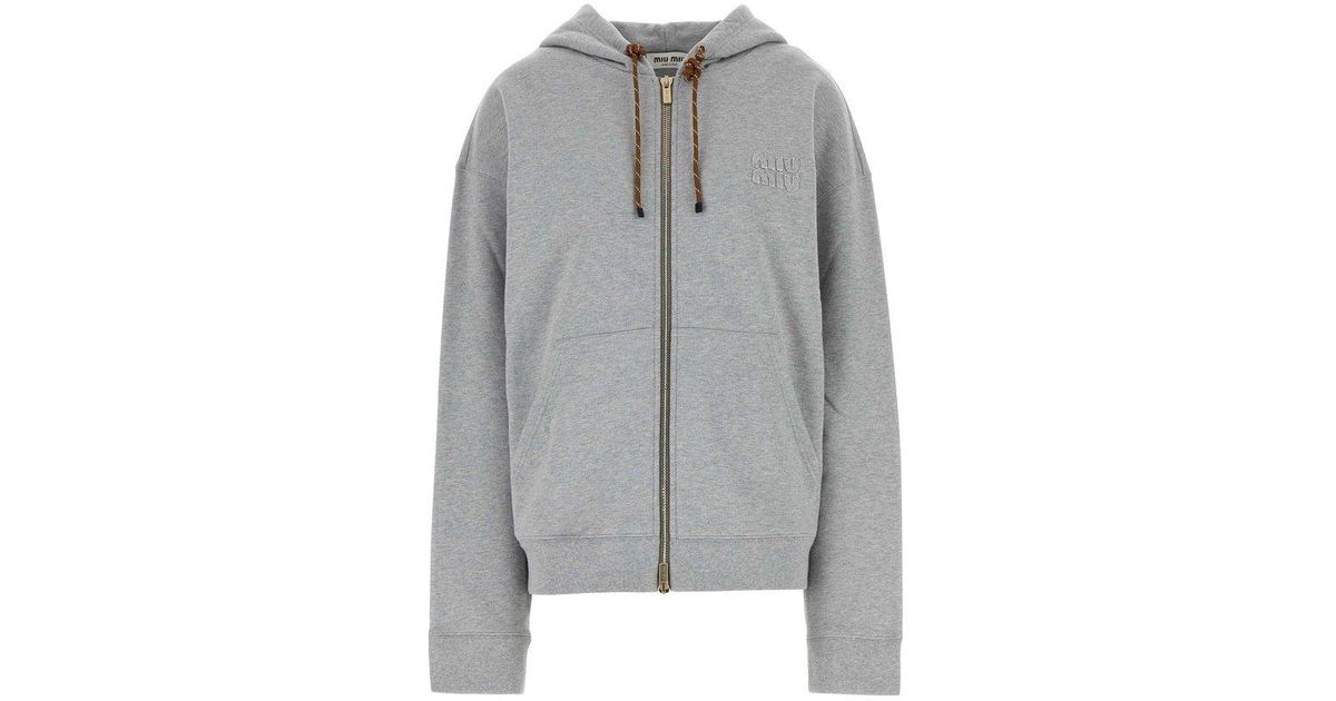 Miu Miu Zipped Drawstring Hoodie in Gray | Lyst Miu Miu Zipped Drawstring Hoodie in Gray | Lyst