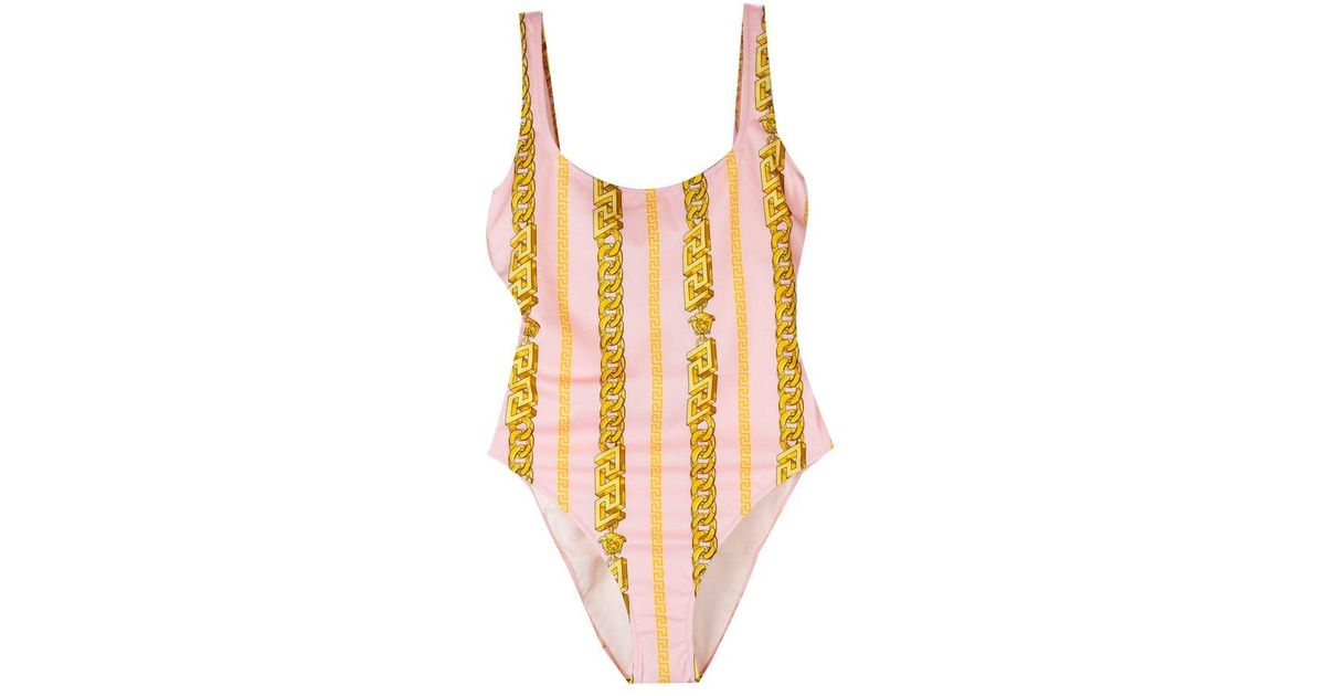Versace Synthetic Chain-link Printed Low Back Swimsuit in Pink | Lyst UK