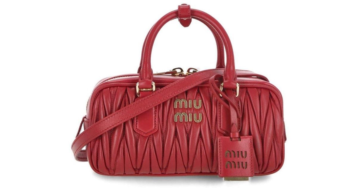 Miu Miu Arcadie Matelassé Logo Plaque Tote Bag in Red