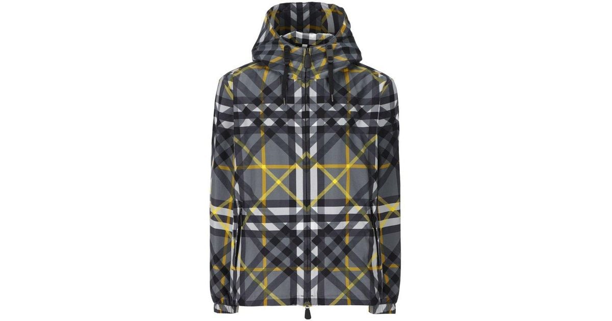 Burberry Check Printed Drawstring Hooded Jacket in Gray for Men | Lyst