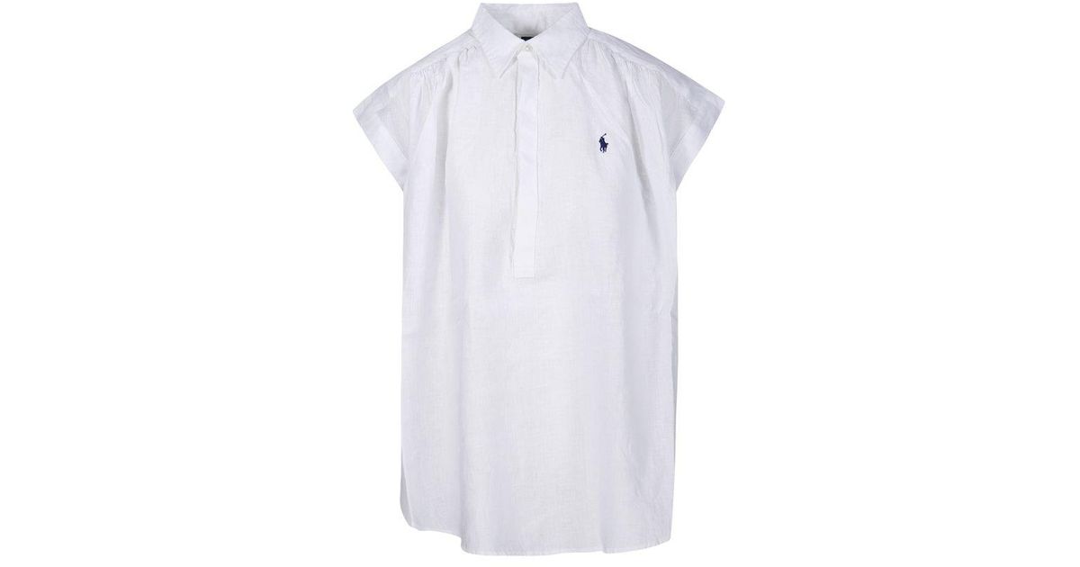 Polo Ralph Lauren Polo Pony Embroidered Curved Hem Blouse in White | Lyst