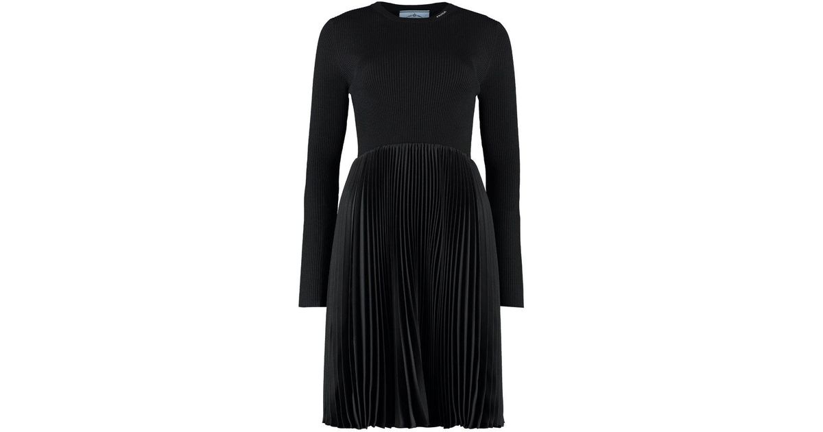 Prada Synthetic Ribbed-knit Pleated Dress in Black - Lyst