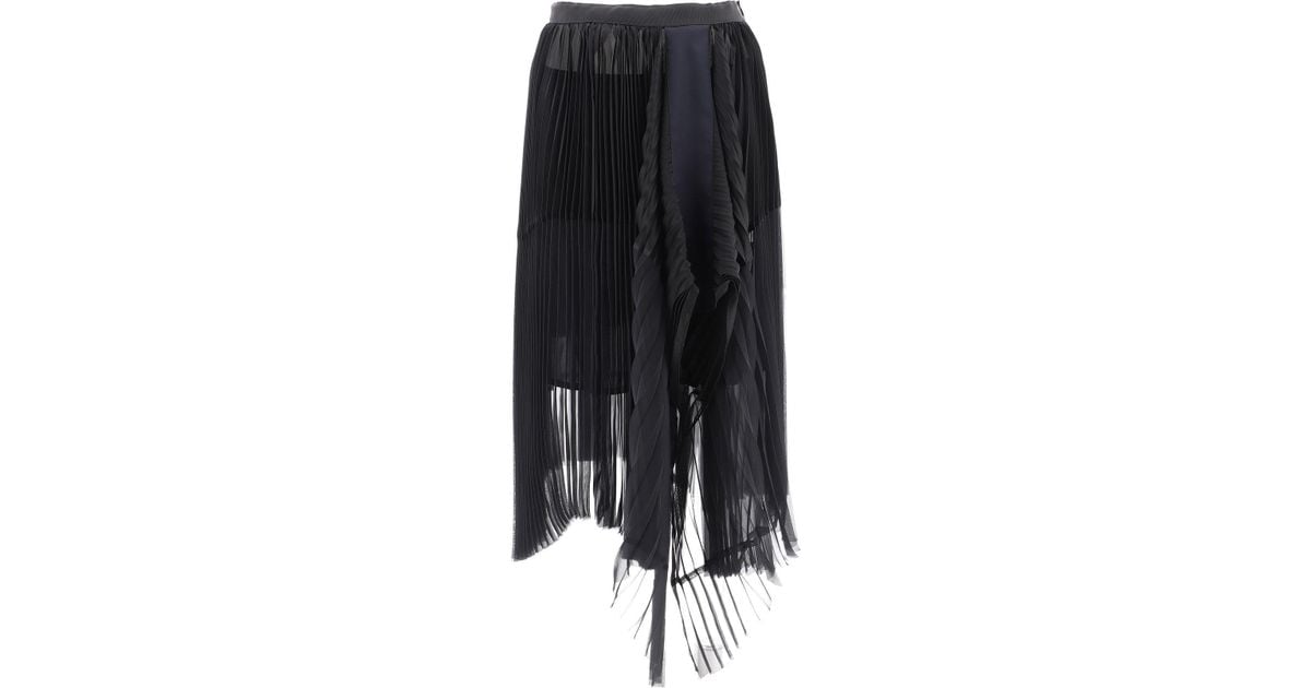 Sacai Synthetic Frayed Pleated Midi Skirt in Black - Lyst