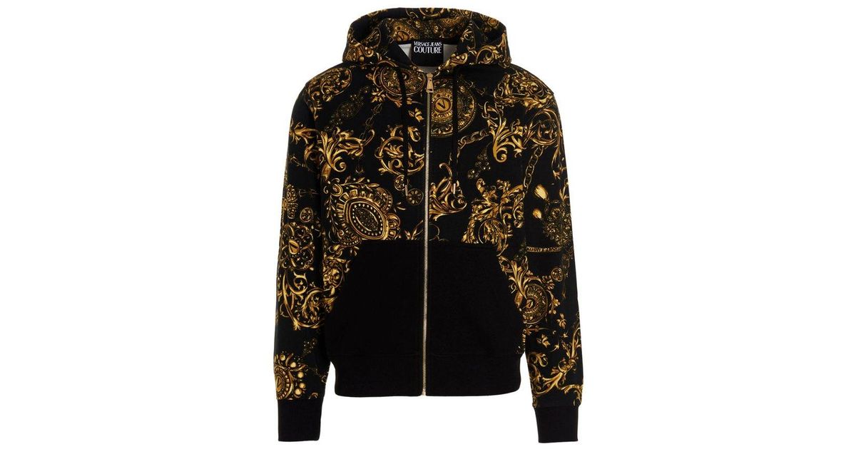 Versace Jeans Couture Baroque Print Drawstring Zipped Hoodie in Black for  Men | Lyst