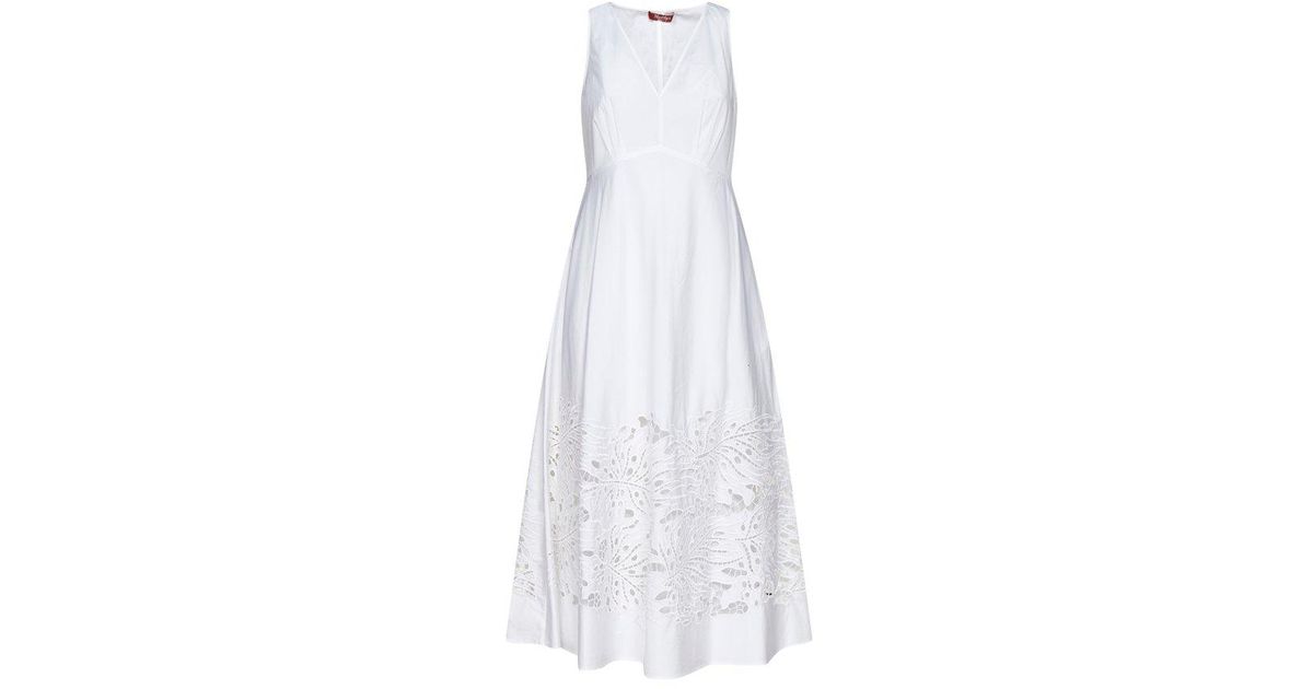 Max Mara Studio Cotton V-neck Embroidered Sleeveless Dress in White | Lyst