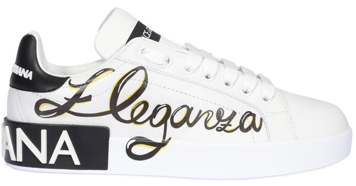 Dolce \u0026 Gabbana Leather Portofino Eleganza Logo Sneakers in White - Lyst
