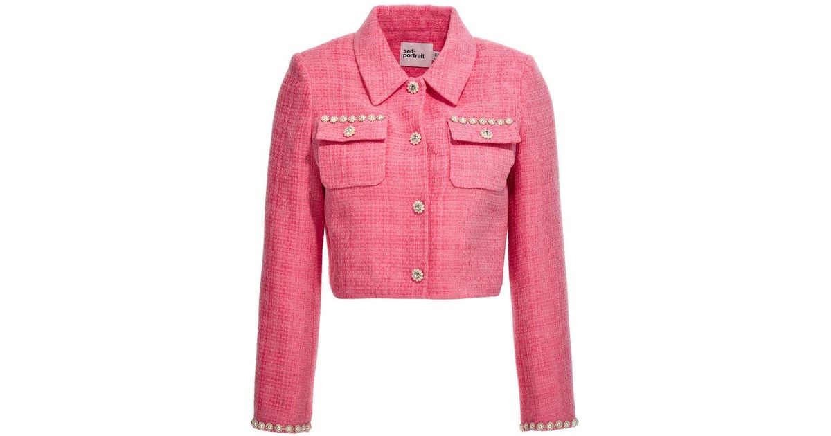 Self-Portrait Boucle Cropped Jacket in Pink | Lyst