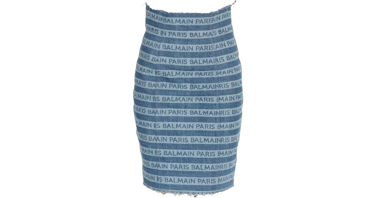 Balmain Denim Stripe Logo Pencil Skirt 