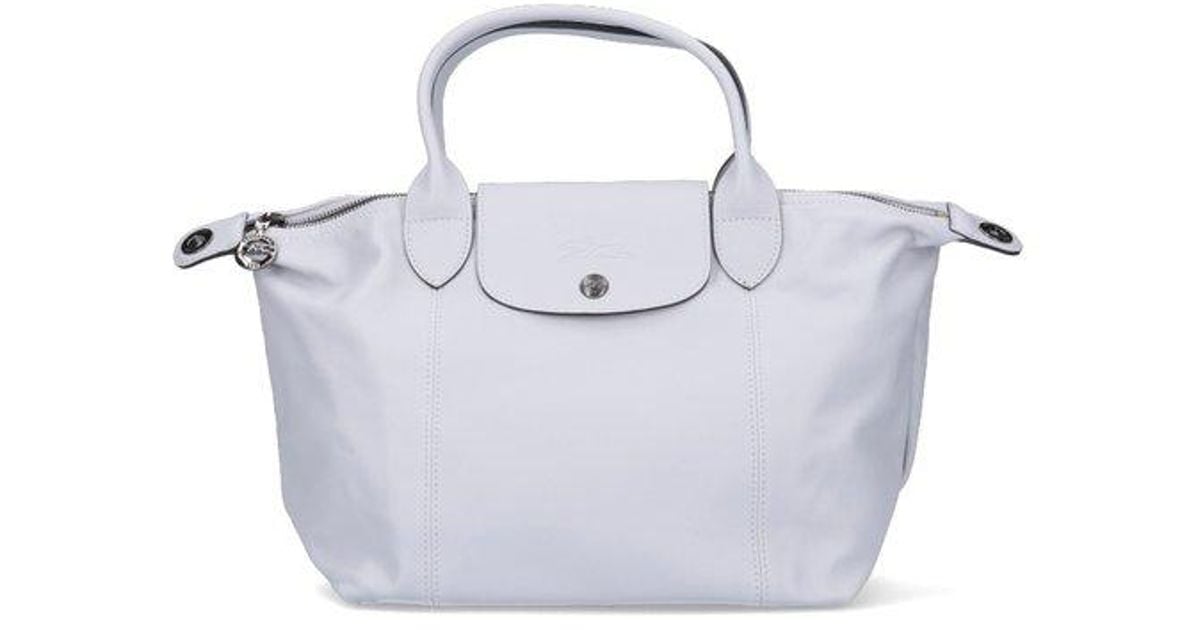 Longchamp Medium Le Pliage Cuir Gray Chalk Leather Shoulder Bag Tote  Foldable