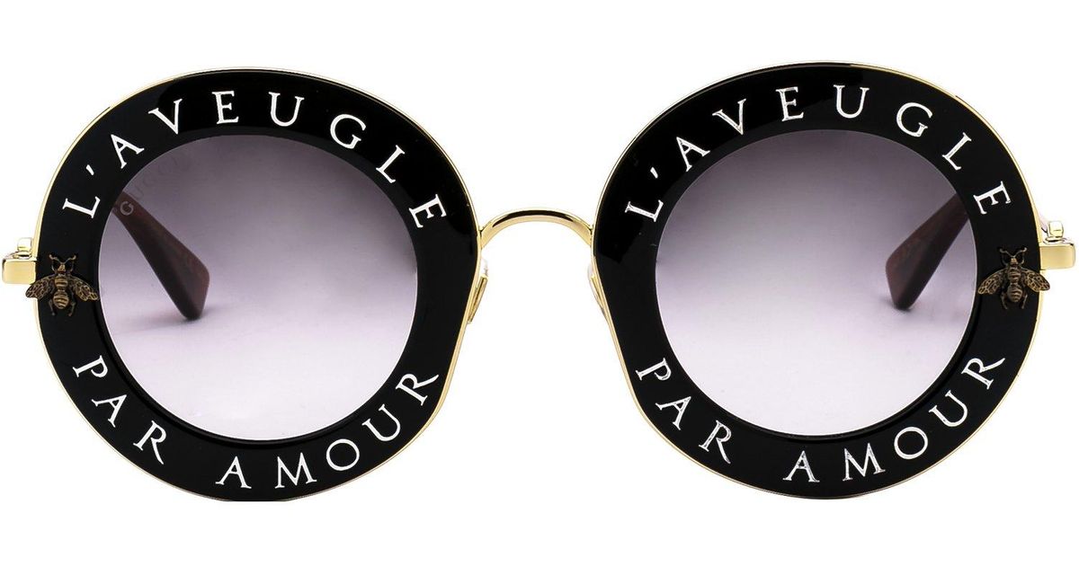 Gucci Slogan Printed Round Sunglasses in Black for Men | Lyst
