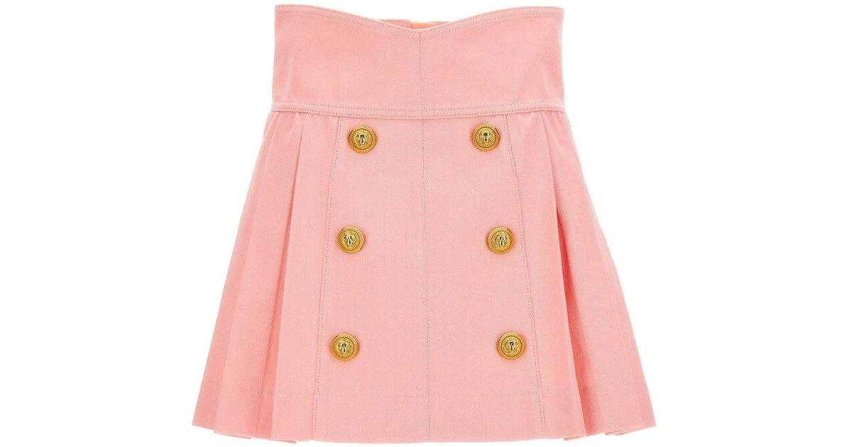 Balmain Pleated Denim Skirt Skirts in Pink | Lyst