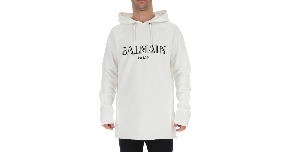 Balmain Cotton Logo Print Hoodie in White/Black (White) for Men - Lyst