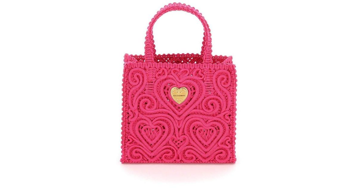 Dolce & Gabbana Beatrice Logo Plaque Lace Mini Tote Bag in Pink | Lyst ...