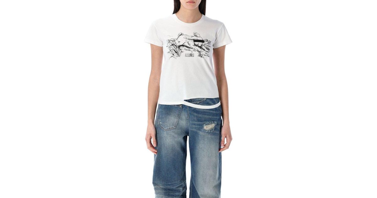 MM6 by Maison Martin Margiela Rabbit Print T-Shirt in Blue