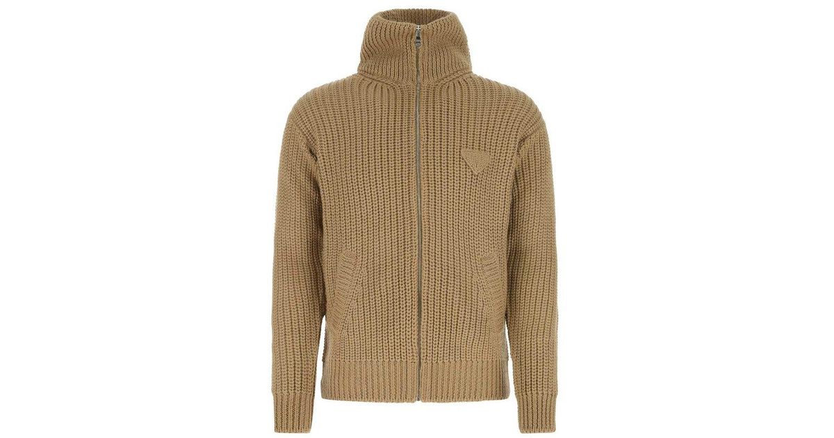 Prada Zipup Ribbed Knit Cardigan in Brown (Natural) for Men Lyst