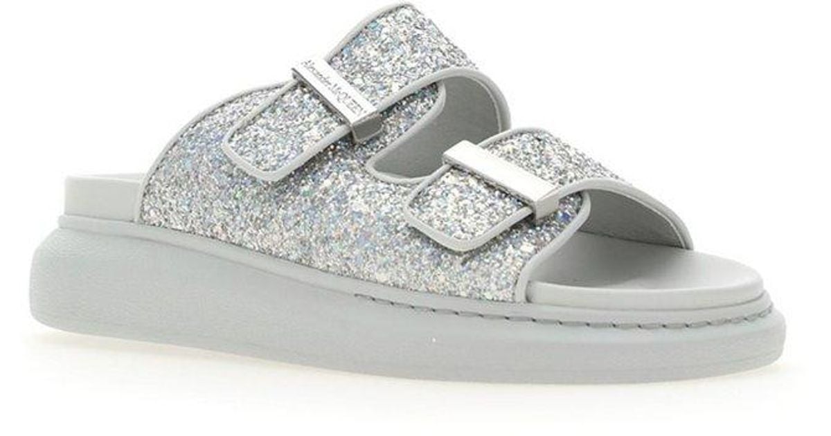 Alexander McQueen Leather Glitter Embellished Slides in Silver