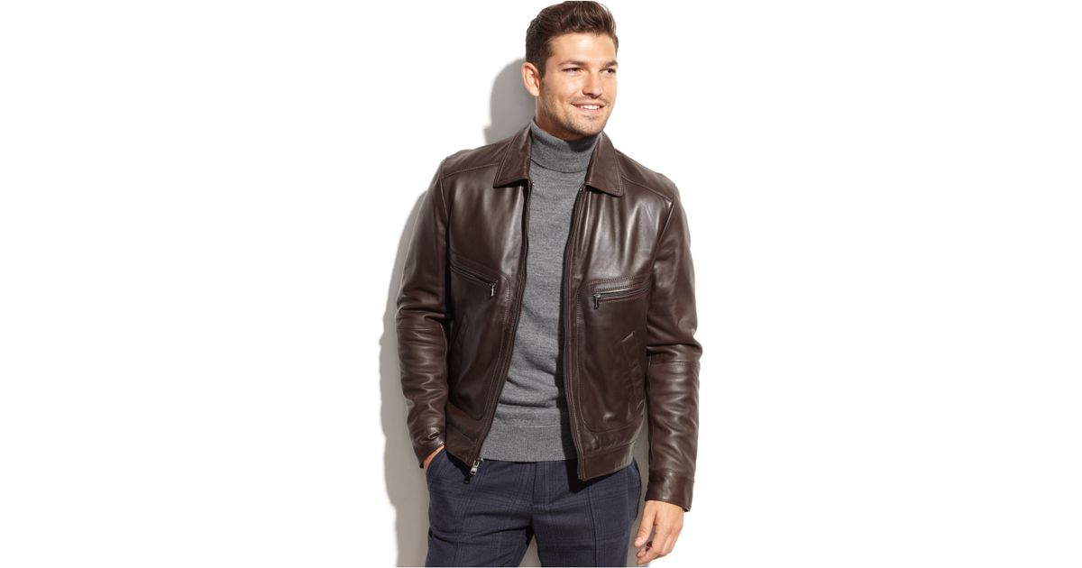 Michael Kors Brown Welby Shirt Collar Leather Jacket For Men