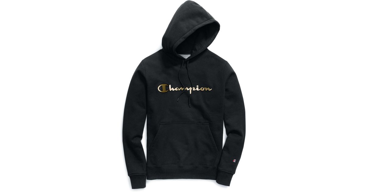 white champion hoodie with gold logo