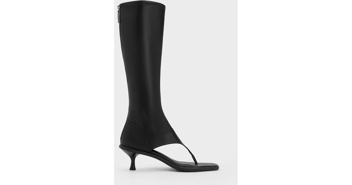 Charles & Keith Kitten Heel Thong Knee-high Boots in Black | Lyst