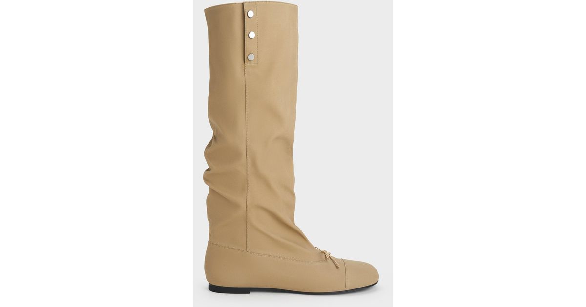 Charles & Keith Gael Twill Studded Slouchy Knee-High Boots in White | Lyst