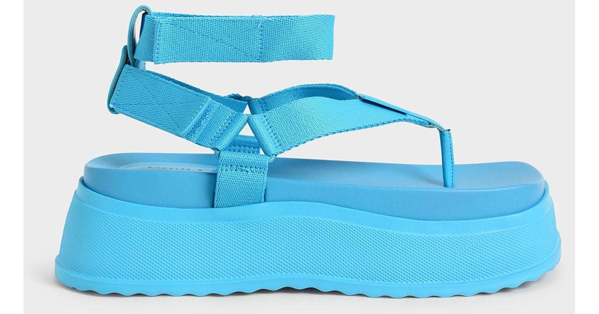 Charles & Keith Linen Joss Ankle-strap Flatform Thong Sandals in Blue