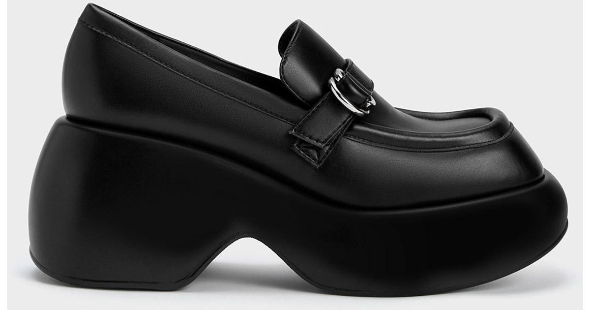 Charles & Keith Buckled Platform Penny Loafers in Black | Lyst