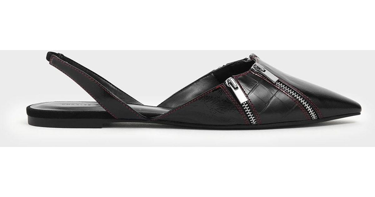 Charles & Keith Wrinkled Patent Zip Detail Pointed Toe Slingback Flats