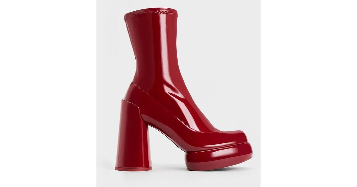 Keith Red Block Heels Boots Charles Keith Calf Boots In Dark