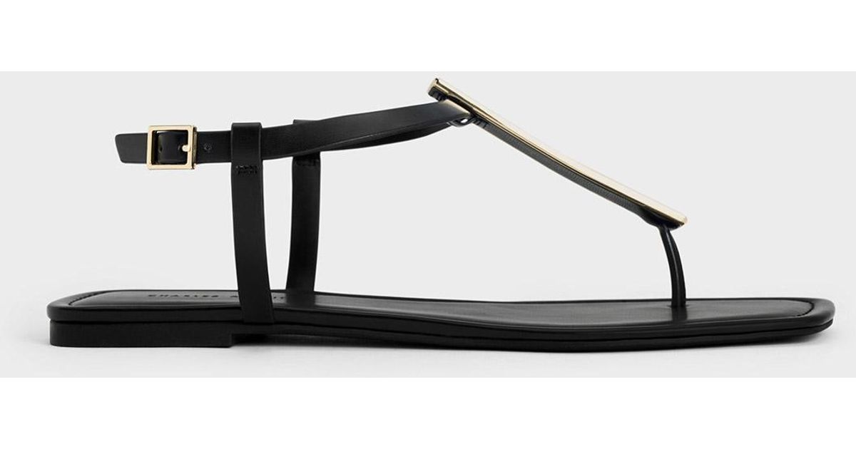 Charles & Keith Metallic Accent T-bar Thong Sandals in Black | Lyst