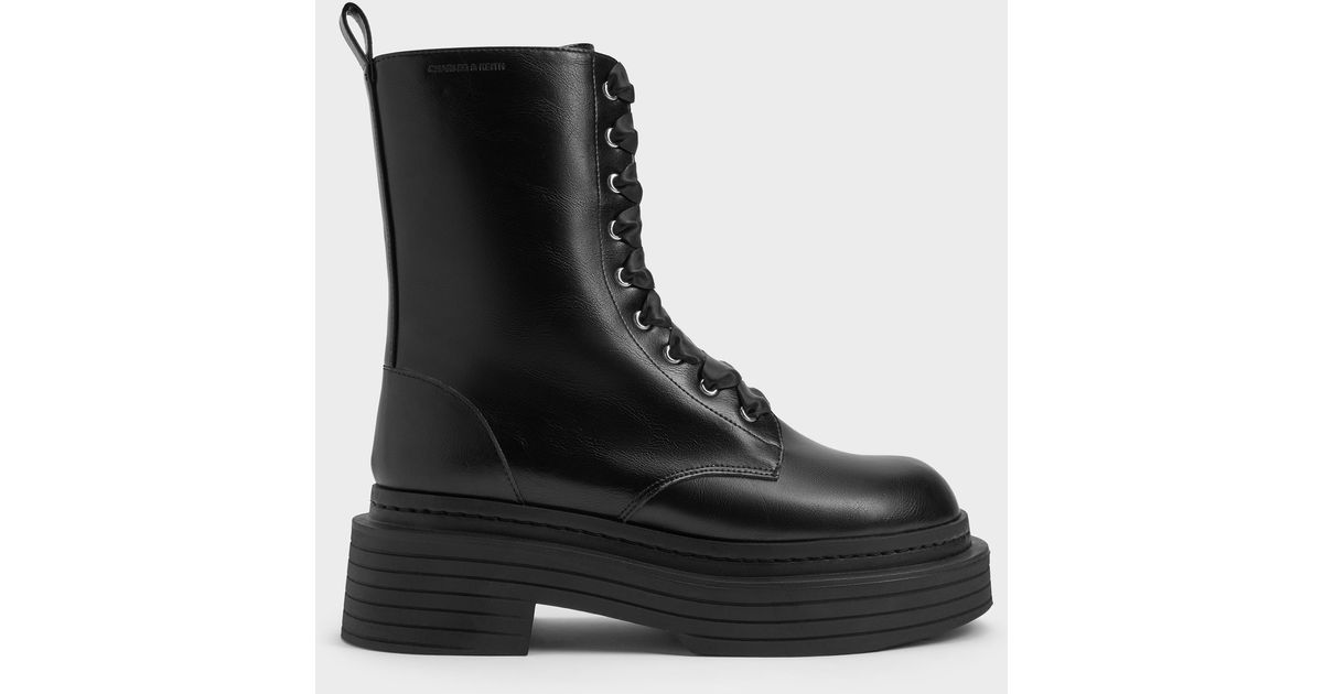 Charles & Keith Satin-Lace Platform Combat Boots in Black | Lyst