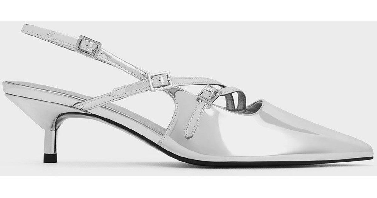 Charles & Keith Metallic Pointed Slingback Kitten Heels in White | Lyst